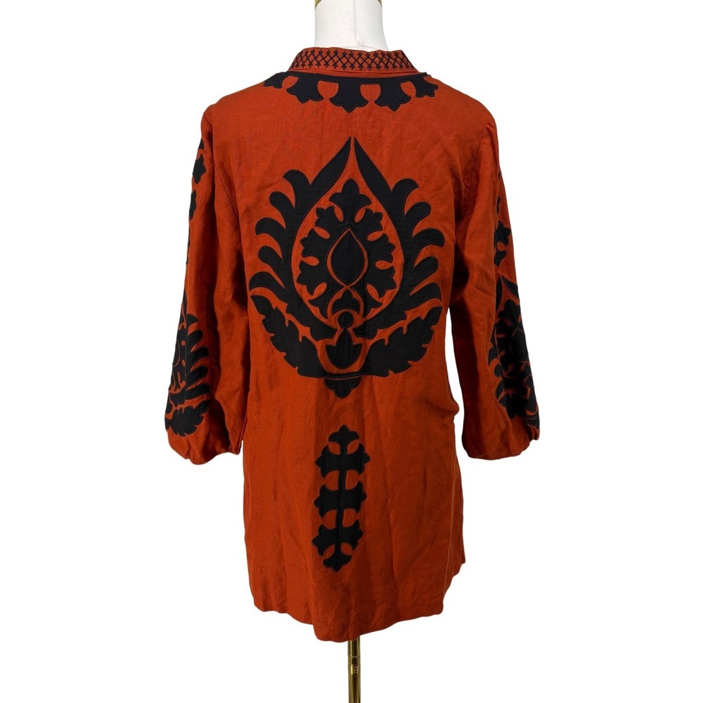 Chicos Linen Blend Embroidered Applique Kimono Jacket Size M Burnt Orange Boho
